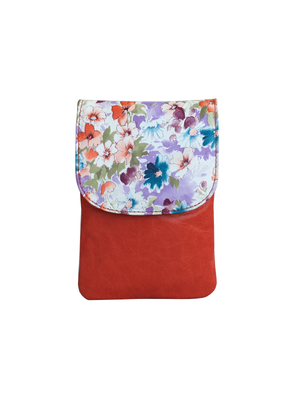 Mobiltaske i koralrød med blomster - Skindtaske - Unika taske fra Cosystyle
